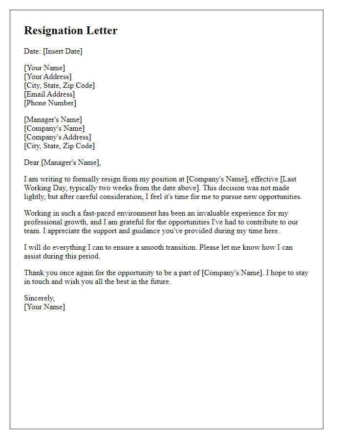 Letter template of resignation from a fast-paced role