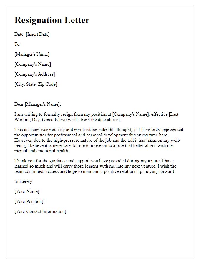 Letter template of resignation from a high-pressure job