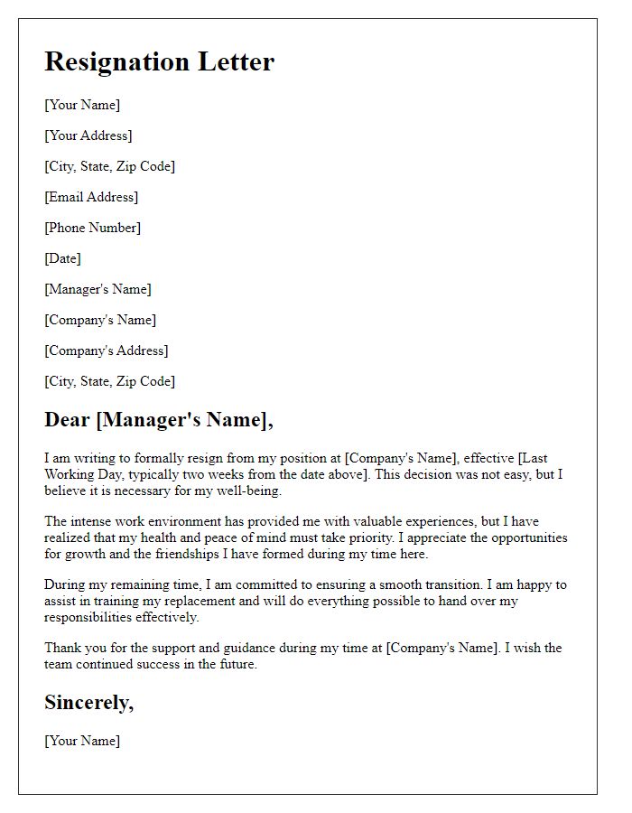 Letter template of resignation from an intense work environment