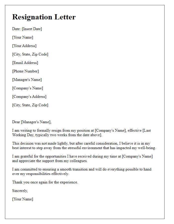 Letter template of resignation from a stressful job