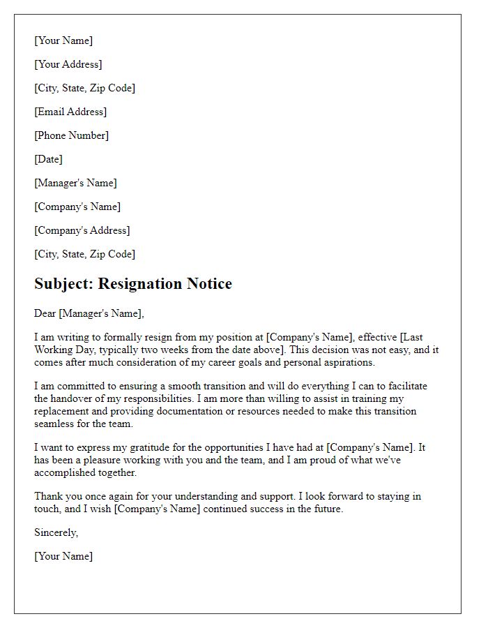 Letter template of resignation with a focus on facilitating transition efforts