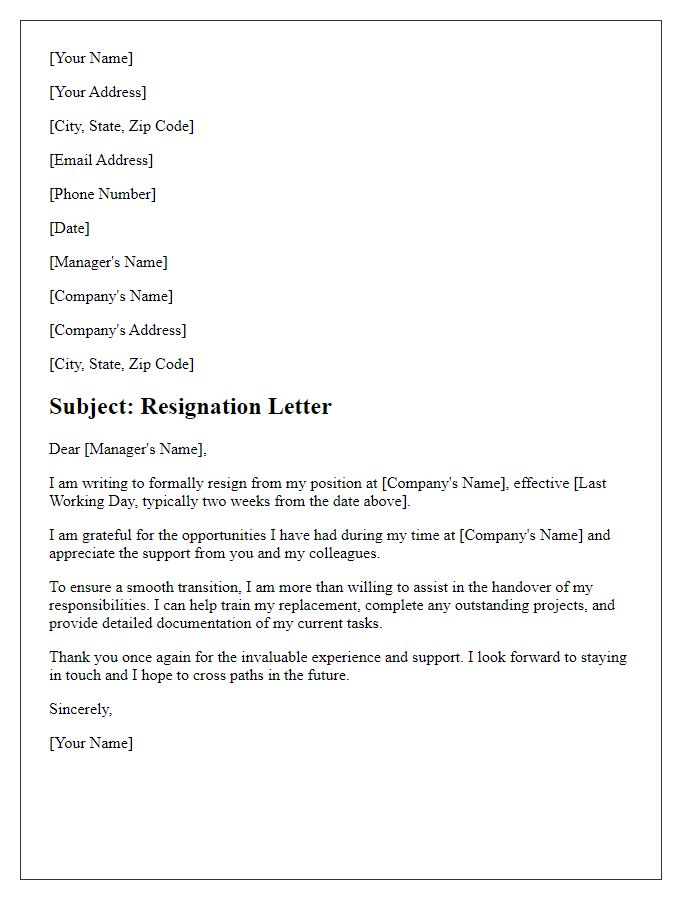 Letter template of resignation including assistance for a smooth transition