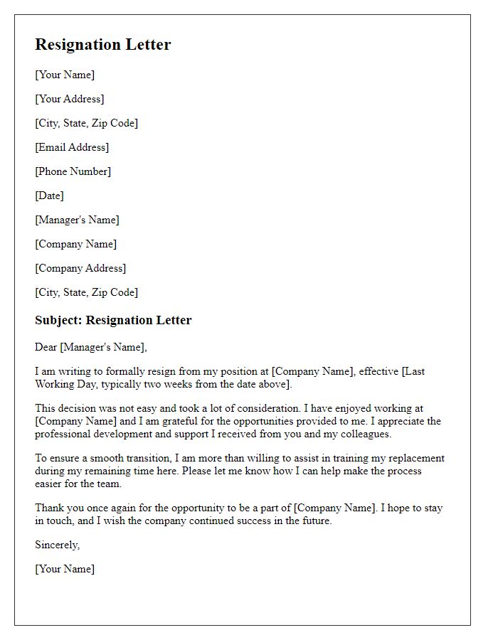 Letter template of resignation offering to train a replacement