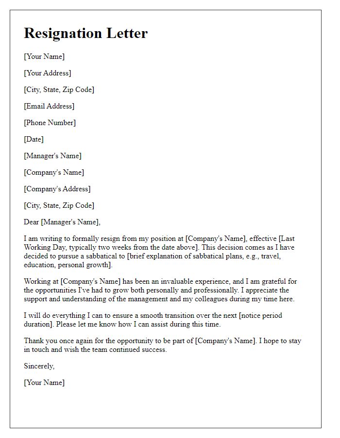 Letter template of resignation due to sabbatical plans