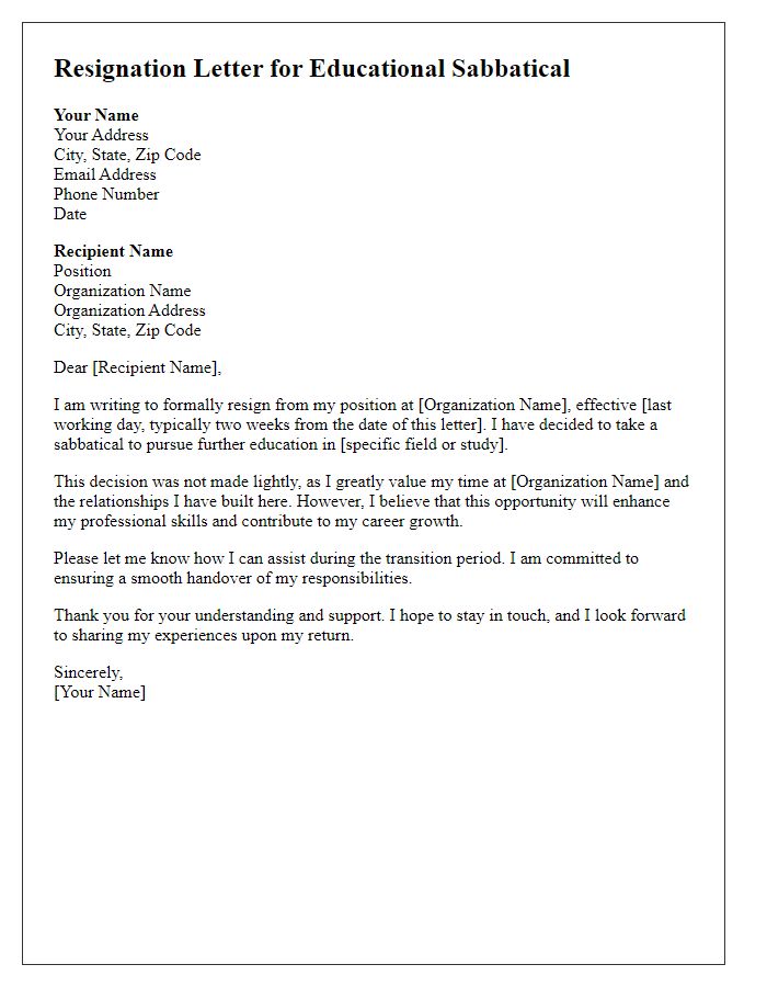 Letter template of resignation for educational sabbatical