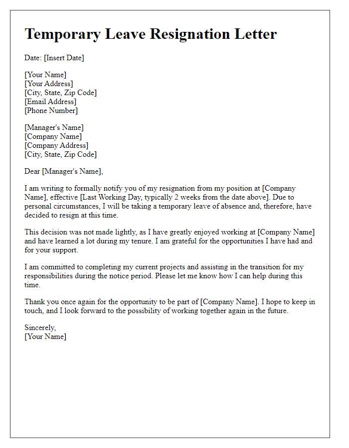 Letter template of temporary leave resignation