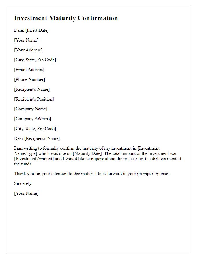 Letter template of investment maturity confirmation