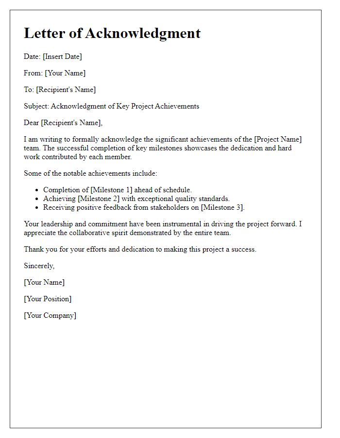 Letter template of acknowledgment for key project achievements