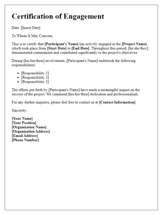 Letter template of certification for meaningful project engagement