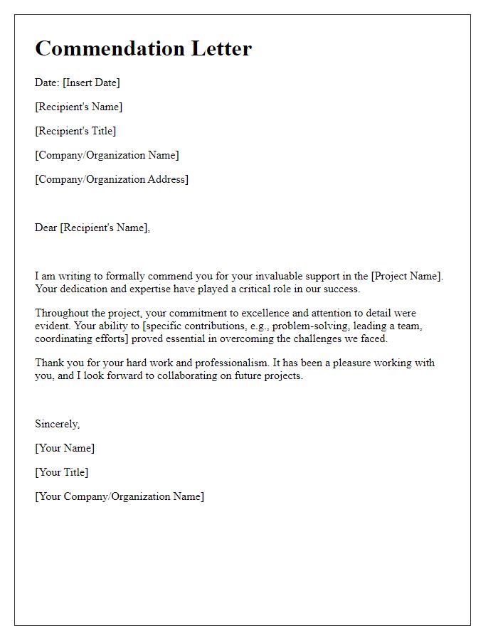 Letter template of commendation for invaluable project support