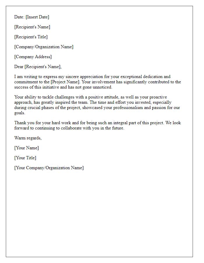 Letter template of praise for dedicated project involvement