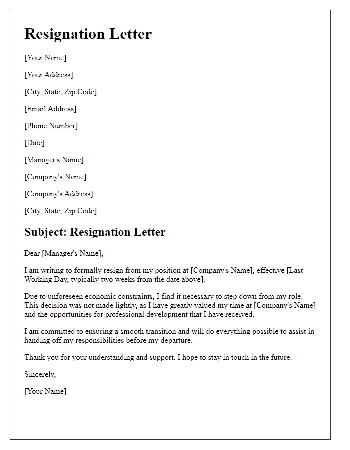 Letter template of resignation because of economic constraints