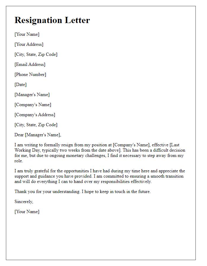 Letter template of resignation due to monetary challenges