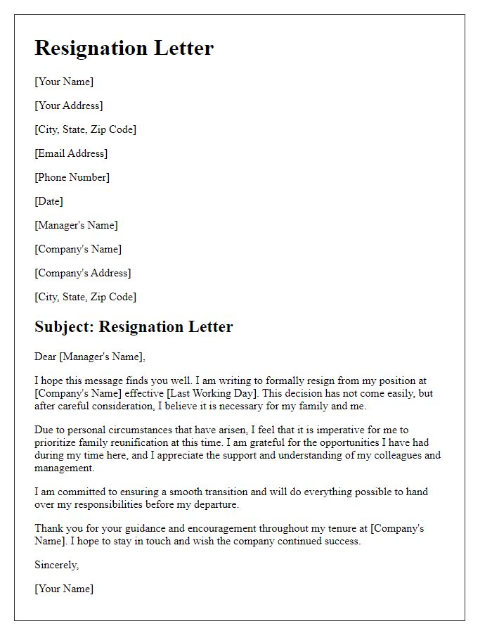 Letter template of resignation aimed at family reunification.