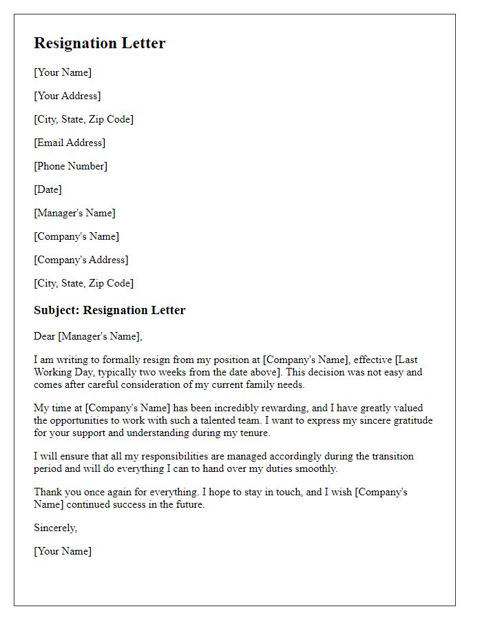 Letter template of resignation due to family needs.