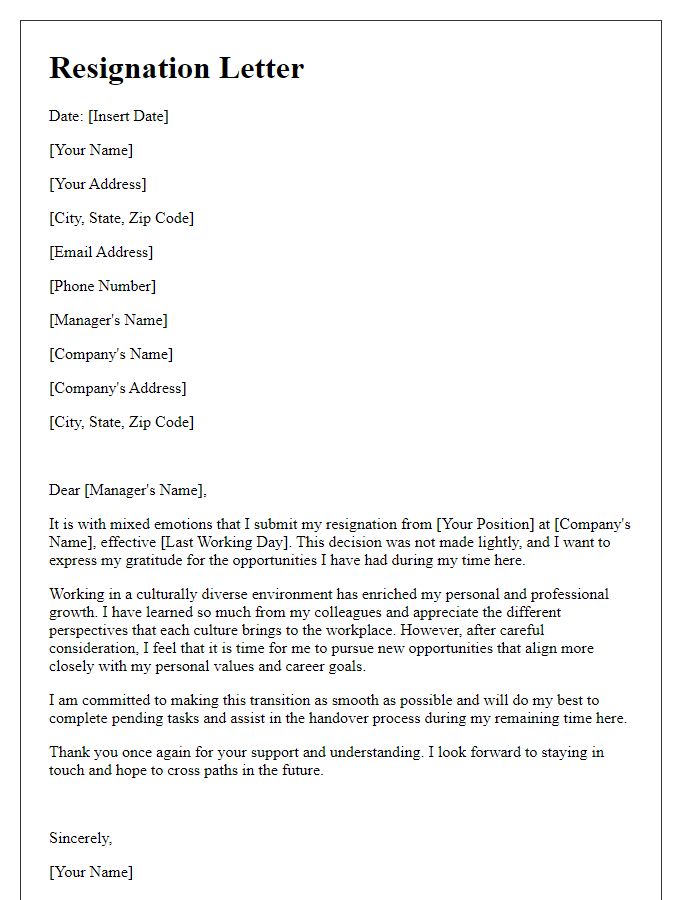 Letter template of resignation addressing cultural differences in the workplace.