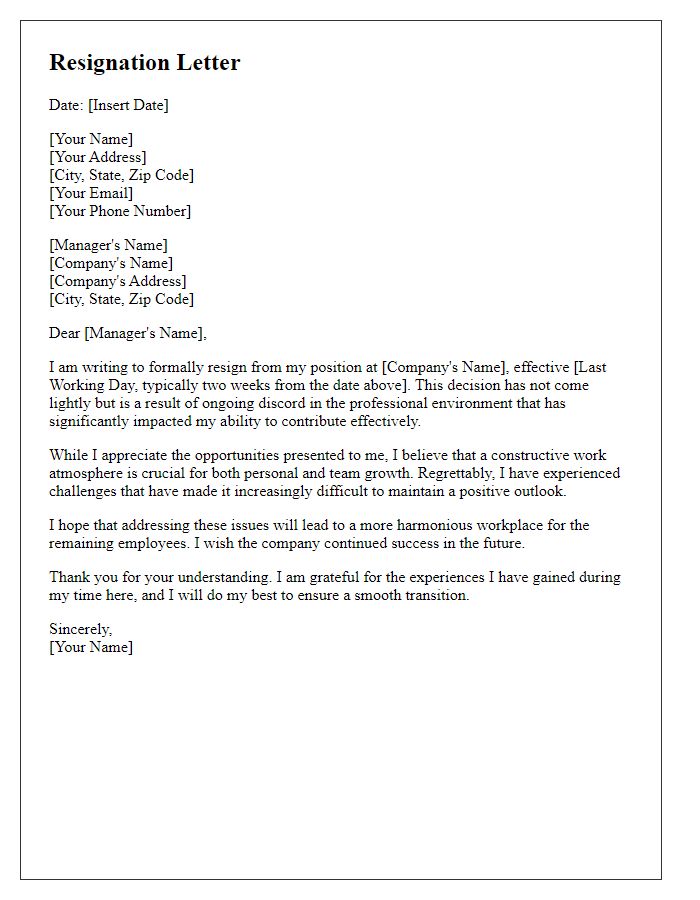 Letter template of resignation discussing professional environment discord.