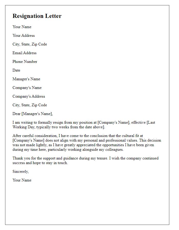 Letter template of resignation due to lack of cultural fit.