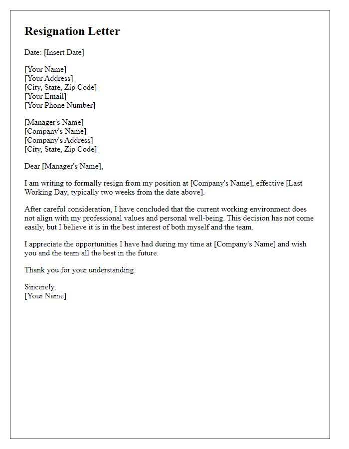 Letter template of resignation focused on working environment incompatibility.