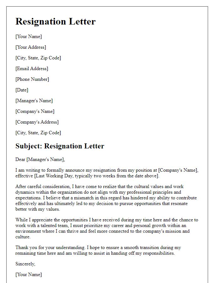 Letter template of resignation highlighting cultural misalignment in job role.