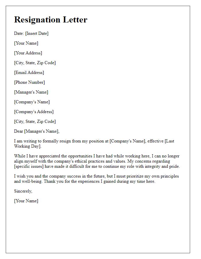 Letter template of resignation mentioning dissatisfaction with company ethics.