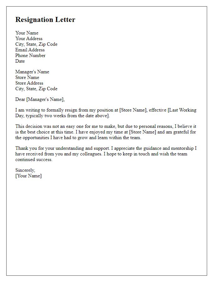 Letter template of resignation from retail position - expressing personal reasons