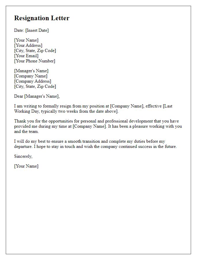 Letter template of resignation from retail position - formal format