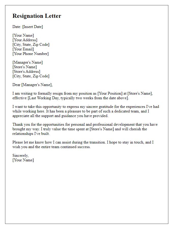 Letter template of resignation from retail position - with gratitude