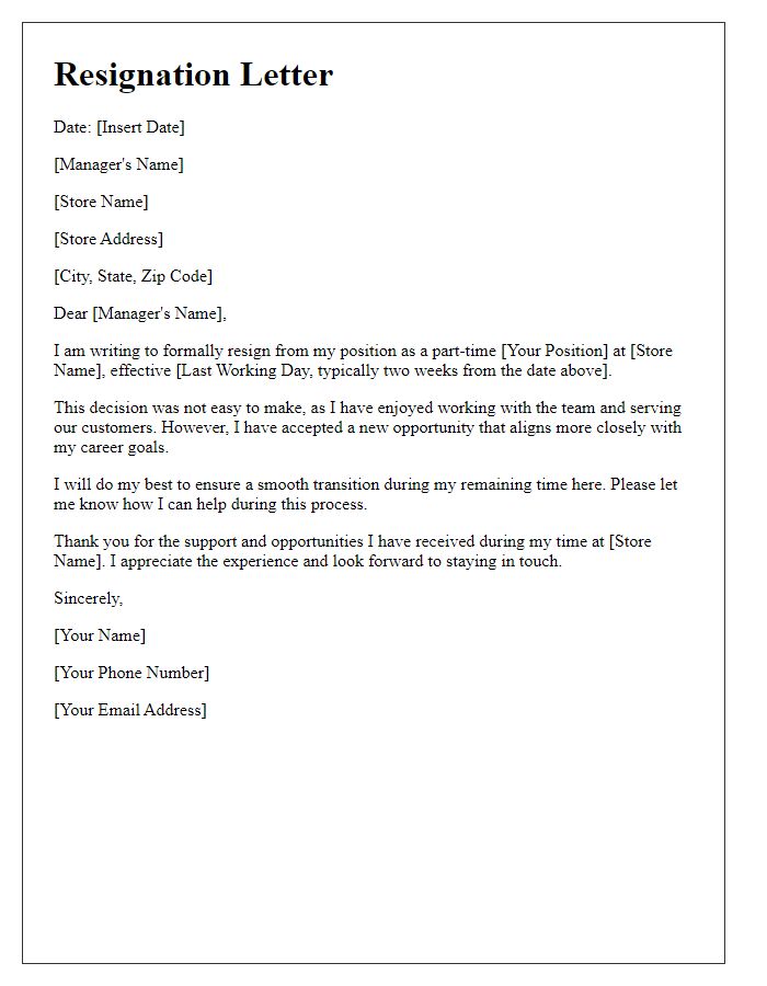 Letter template of resignation from retail position - for part-time transition