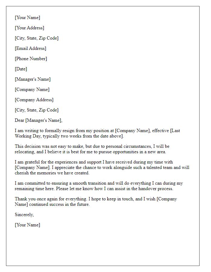 Letter template of resignation from retail position - to relocate