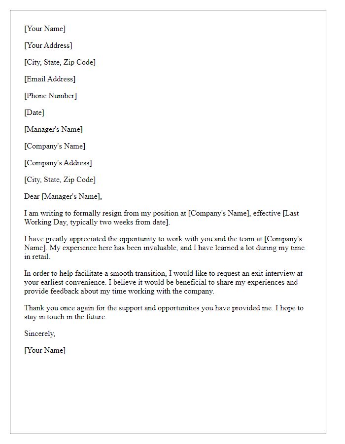 Letter template of resignation from retail position - requesting an exit interview