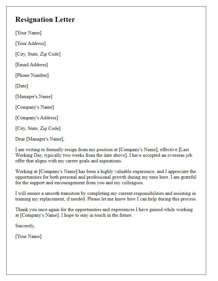 Letter template of resignation for accepting an overseas job offer