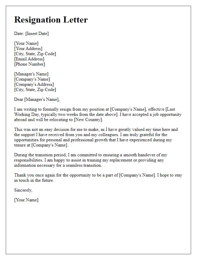 Letter template of resignation for embarking on an overseas employment journey