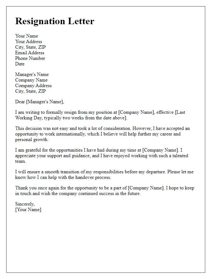 Letter template of resignation for moving internationally for work