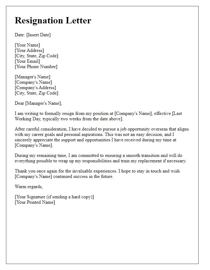 Letter template of resignation for pursuing a job opportunity overseas