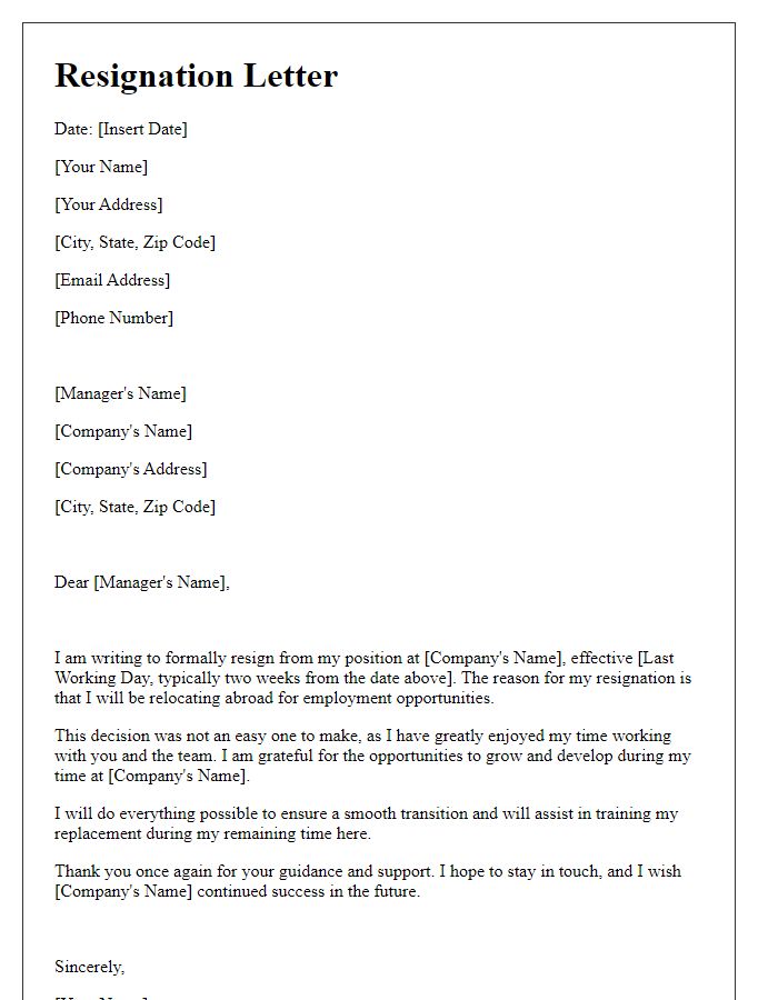 Letter template of resignation for relocating abroad for employment