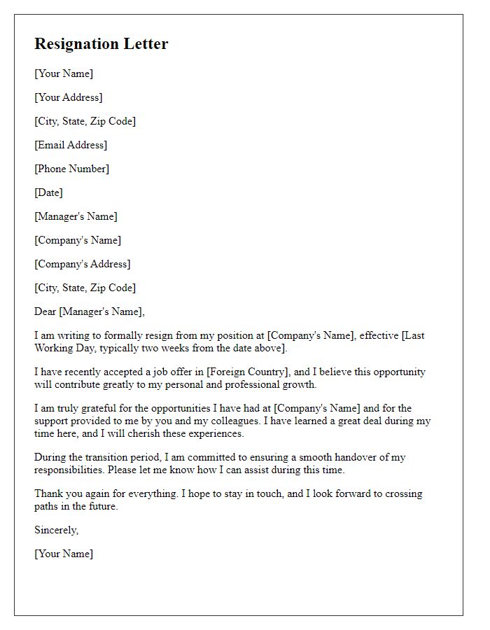 Letter template of resignation for starting a new job in a foreign country