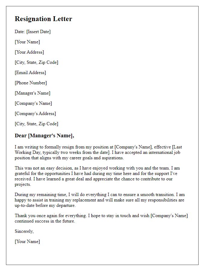 Letter template of resignation for taking an international job position