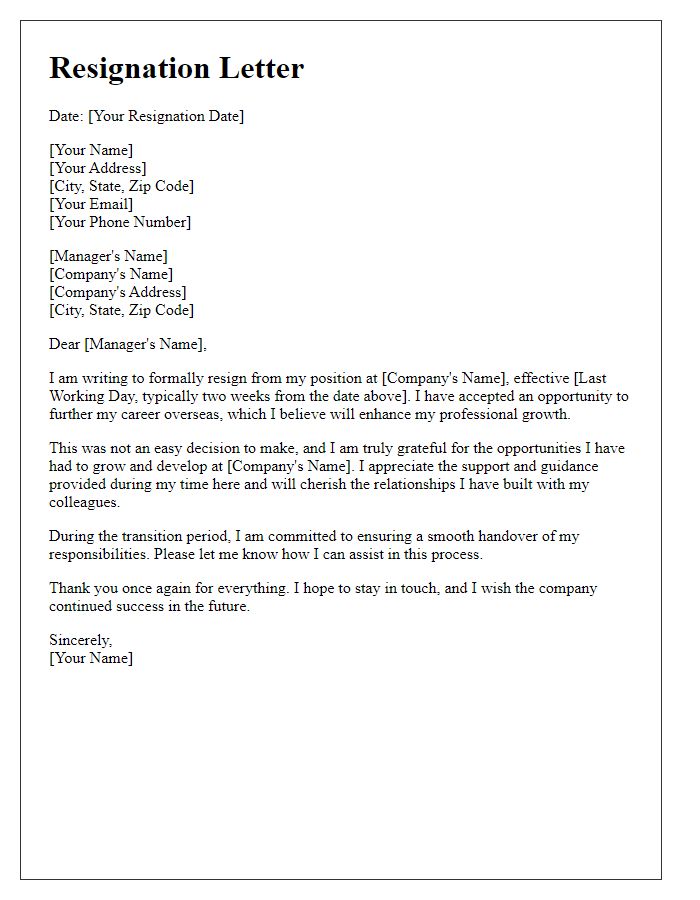 Letter template of resignation for transitioning to an overseas career