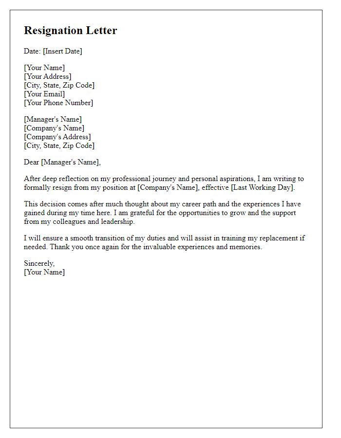 Letter template of resignation after reflective professional journey