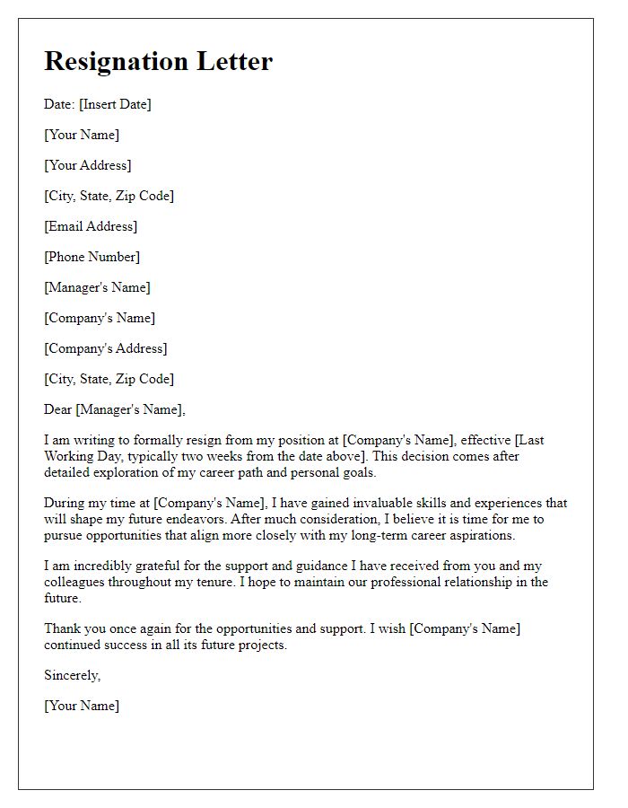 Letter template of resignation stemming from detailed career exploration