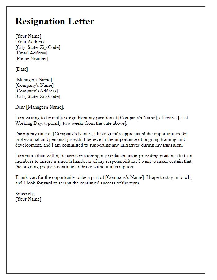 Letter template of resignation agreeing to support ongoing training initiatives