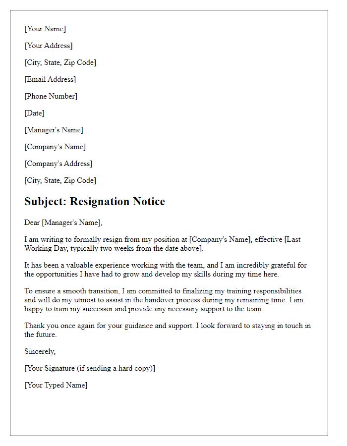 Letter template of resignation with commitment to finalize training responsibilities