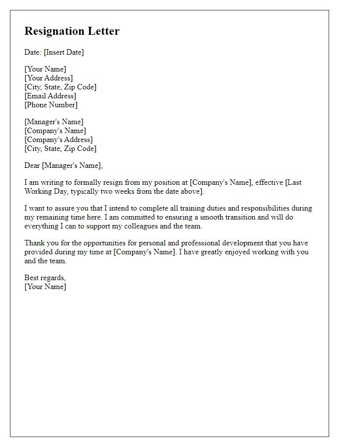 Letter template of resignation confirming intention to complete all training duties