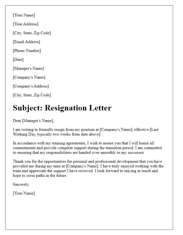 Letter template of resignation with intent to honor training agreements