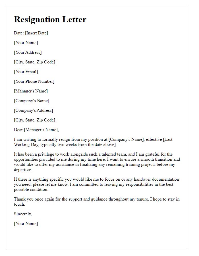 Letter template of resignation with offer to finalize training projects