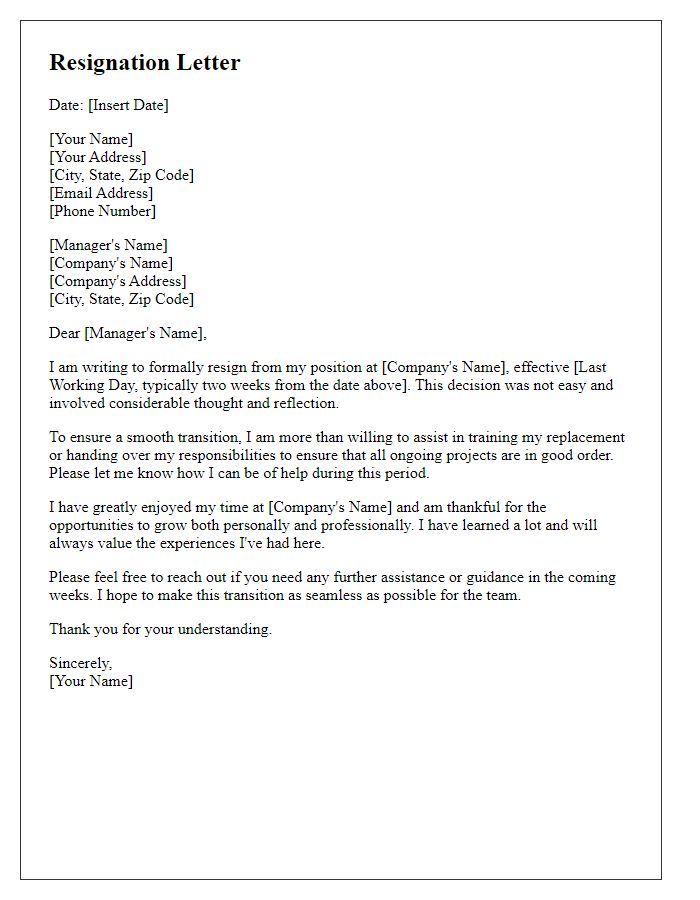 Letter template of resignation with proposal to assist in training transition