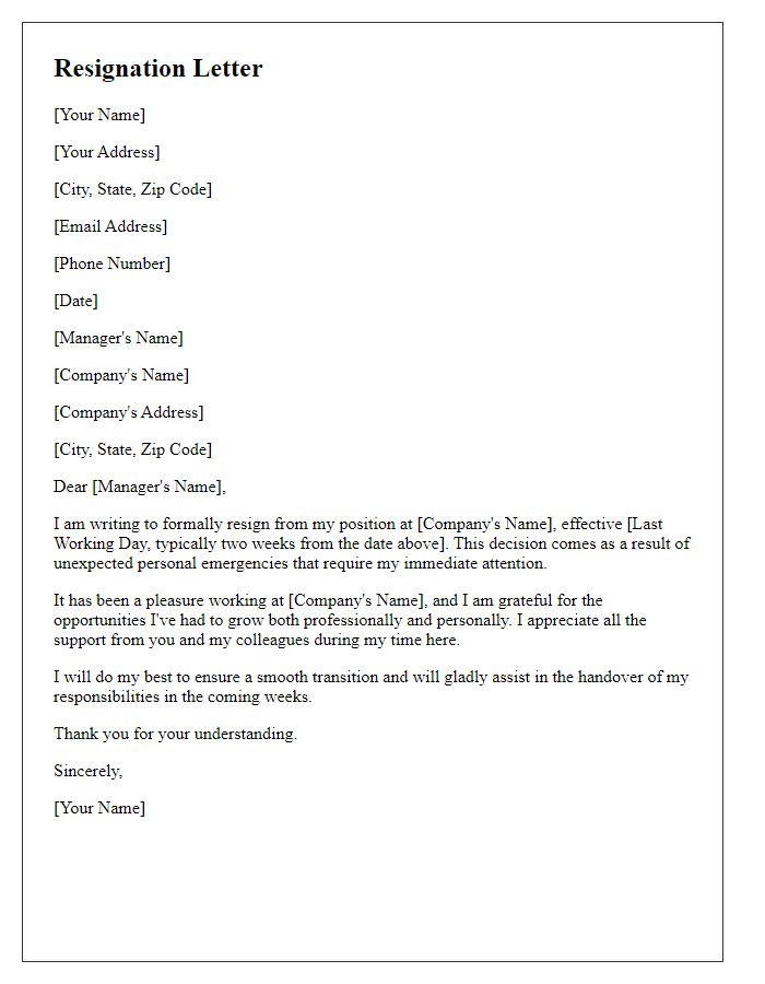 Letter template of resignation due to personal emergencies