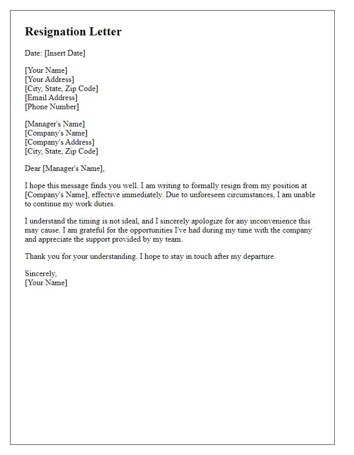 Letter template of resignation in light of sudden circumstances