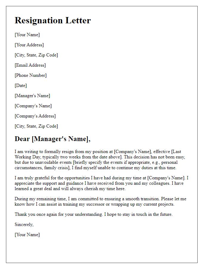 Letter template of resignation motivated by unavoidable events